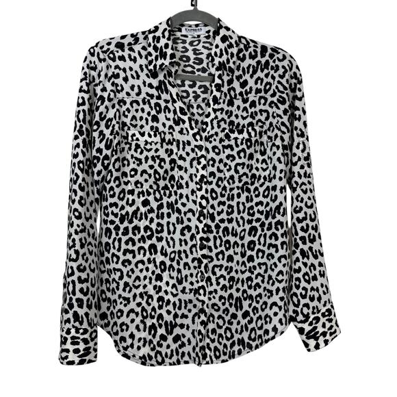 Express Top Womens Extra Small Black White Portofino Shirt Leopard Cheetah Cat - Picture 1 of 8
